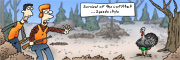Description: Two hunters grossed out by a turkey in a speedo. Caption: Survival of the unfittest … speedo style